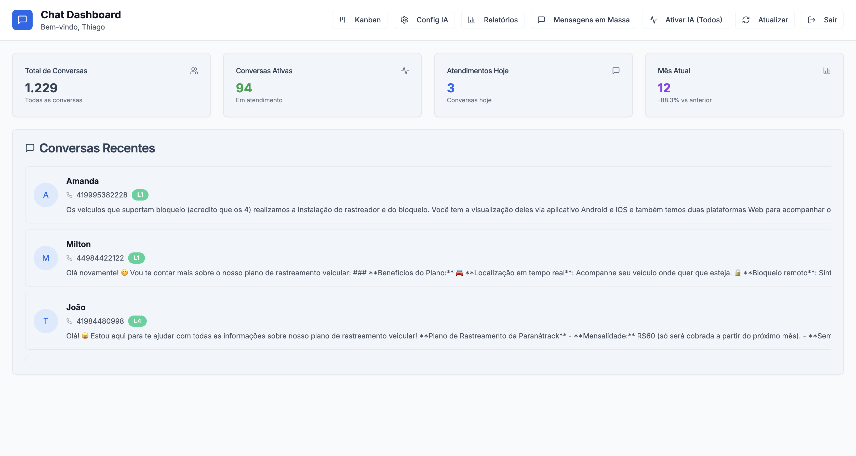 Chat Dashboard com IA - Sistema de atendimento inteligente 24/7 para empresas de rastreamento veicular com métricas de conversas