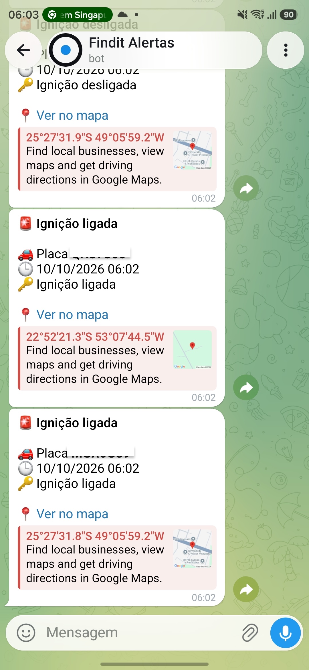 Bot Findit Alertas no Telegram enviando avisos de ignição ligada e desligada com placa, horário e link do mapa